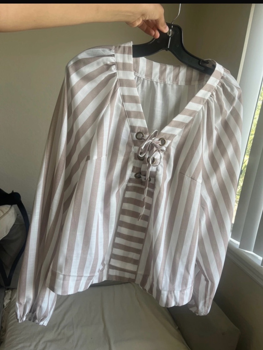 Lace-Up V-Neck Striped Blouse in Light Taupe and White
